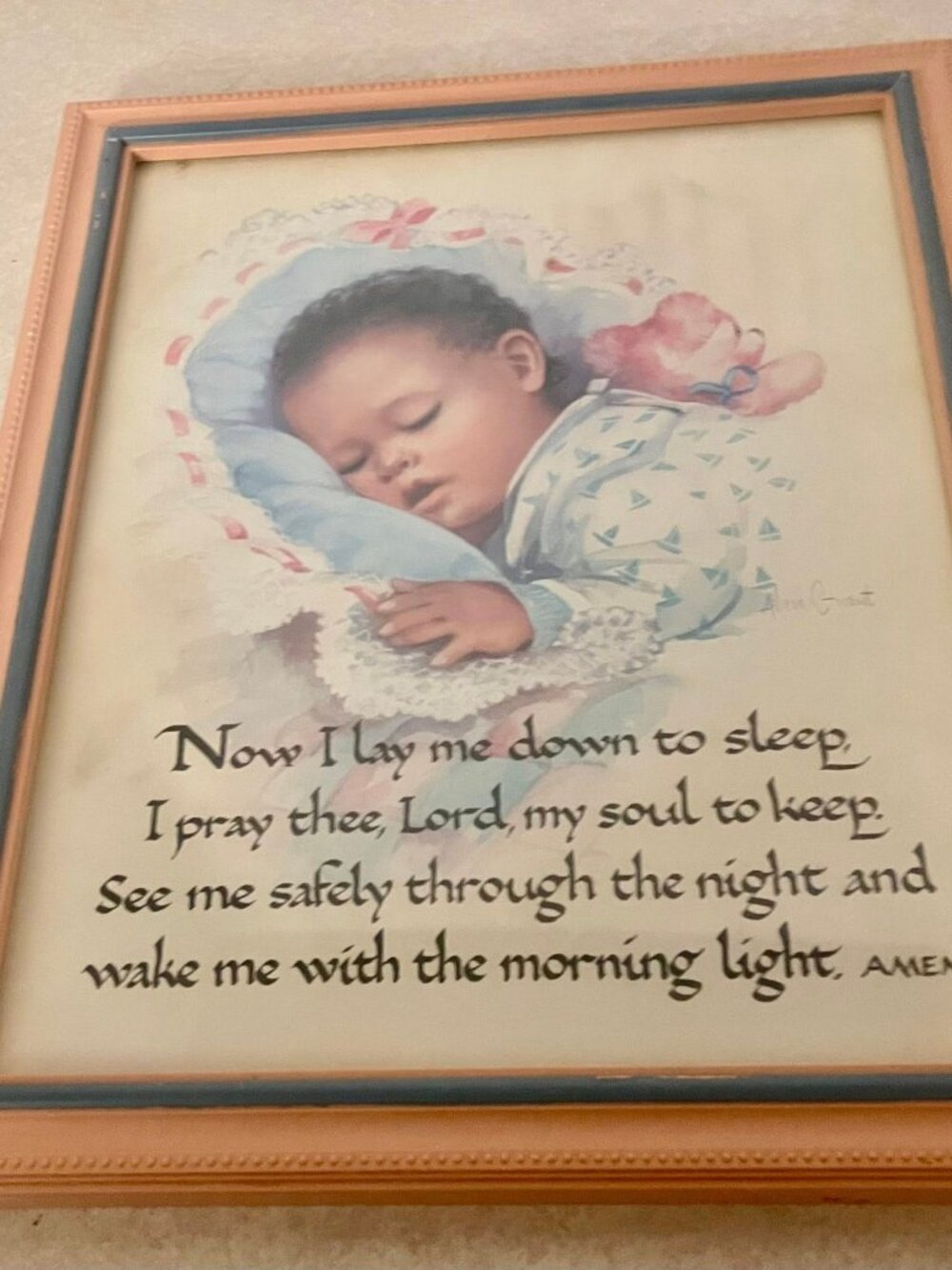 Vintage Now I Lay Me Down 2 Sleep Brown Skin Baby Prayer Alan Grant Art.
